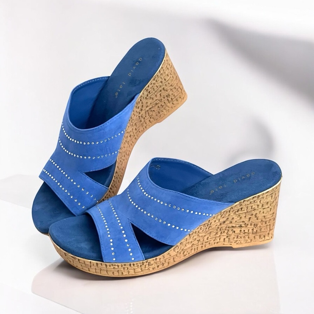 David Tate Wedge Open Toe Slip On‎ Sandals Leather Upper Embedded Rhinestones